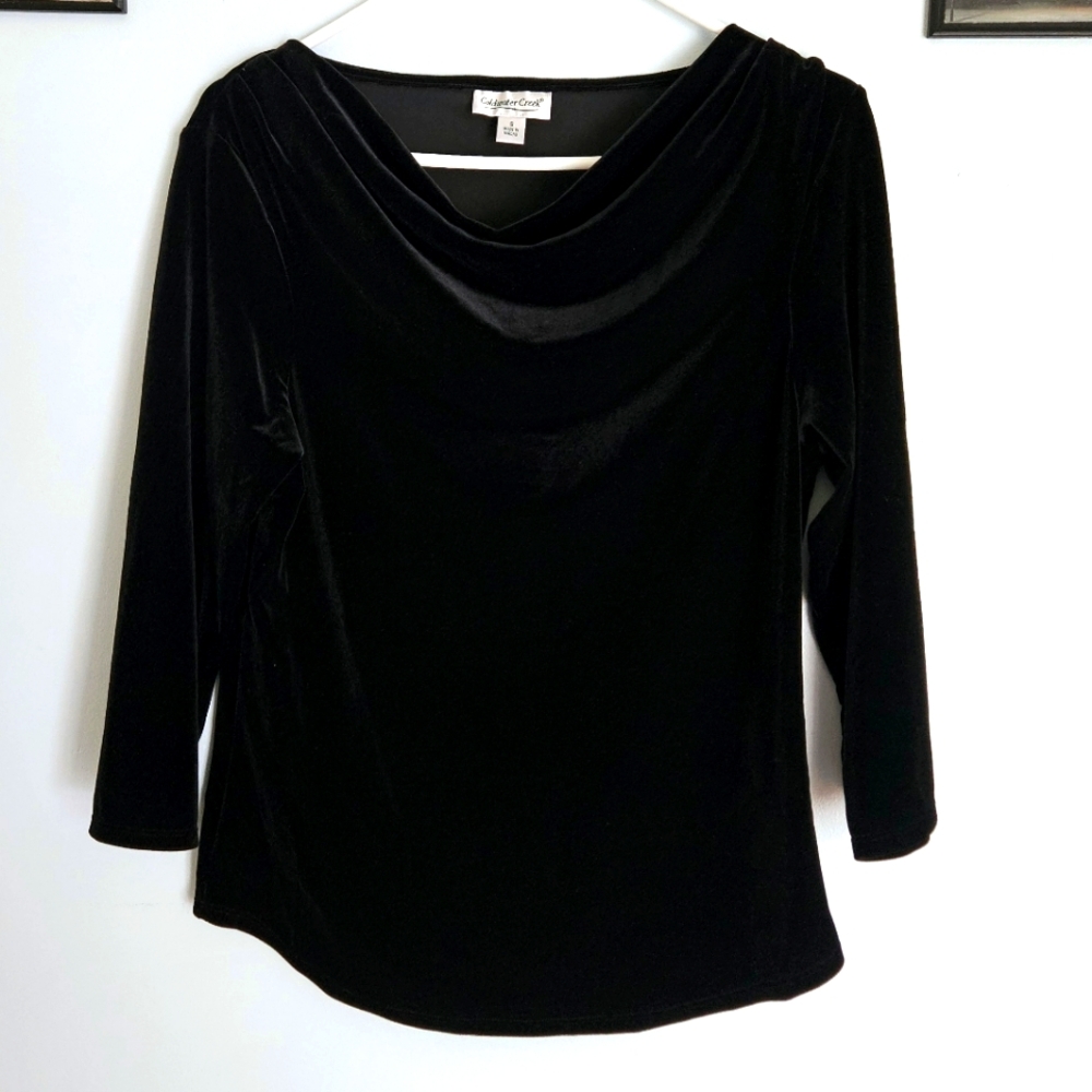 NWOT Coldwater Creek Black Velvet Blouse w/ Draped Neckline, Half-Length Sleeves